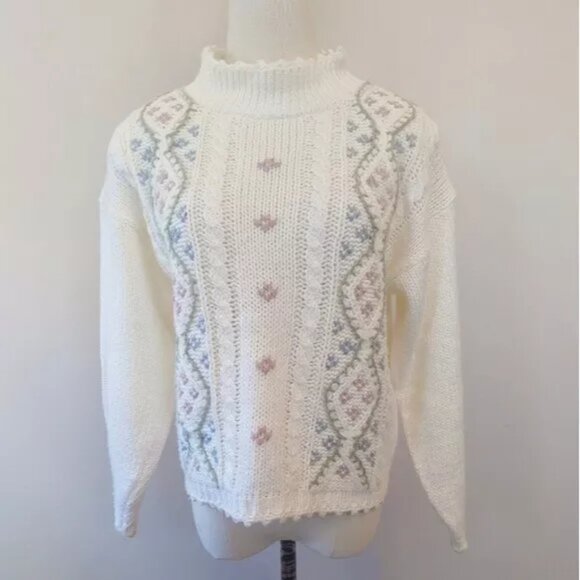 Vintage Hand Knit Needlepoint Cable Knit Mock Neck Sweater Size Medium Kawaii - Picture 3 of 12